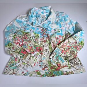 Christopher & Banks Women's L Blue Pink Button Up Country Village Coat Jacket